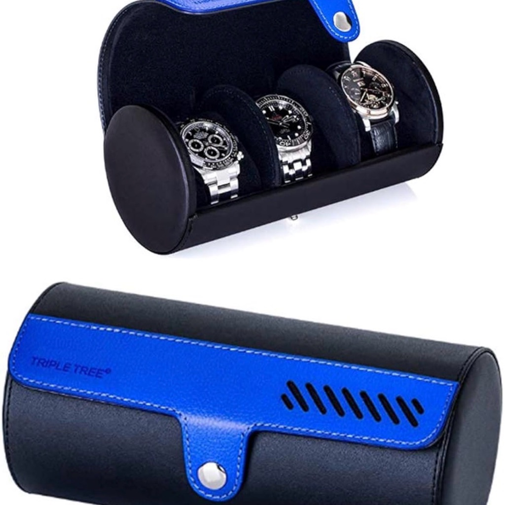 Blue  Black Leather Travel Watch Roll  3 Slots